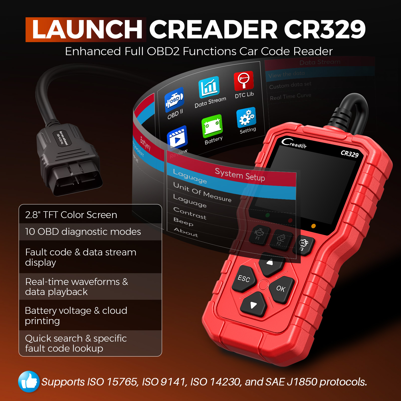 EU Warehouse LANZAMIENTO Nuevo lector de códigos de coche CR329 OBDII Herramienta de escaneo automático Datos en vivo Prueba de batería Gratis de por vida_voghion.com
