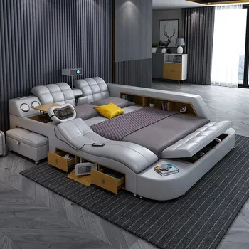 Modern Smart Furniture Leather Upholstered Bed With Storage King Queen Size Massage Multifunctional Smart Bed Luxury