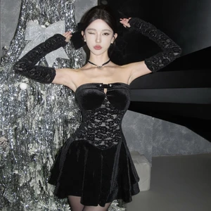 This Black Strapless Sleeveless Dress with Lace - up Corset Detailing and a Flared Skirt Creates a Chic and Elegant Gothic Look