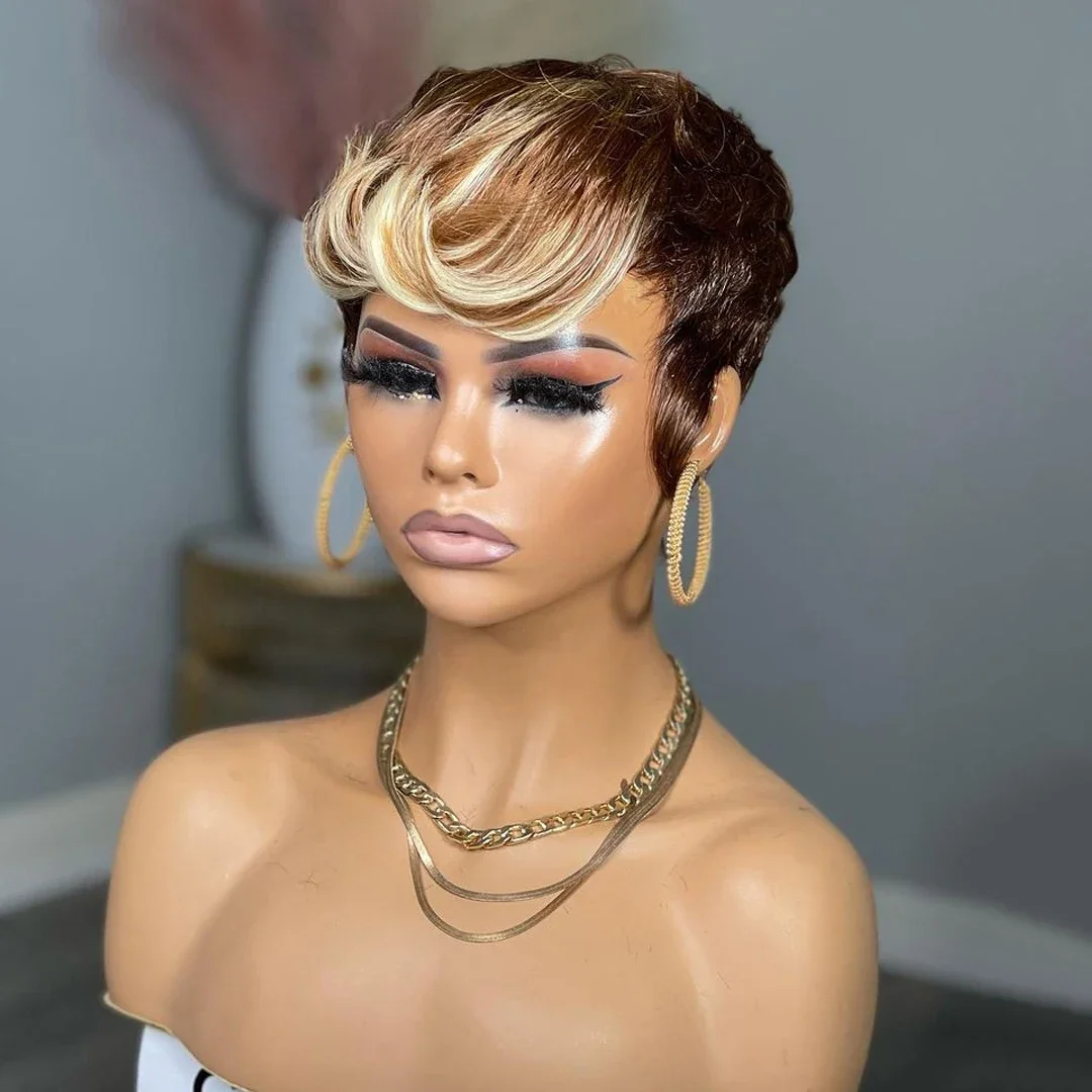Short Pixie Cut Human Hair Highlight Blonde Green Bob Wigs 613 Burgundy 99J Brown Lace Front Machine Wig_voghion.com