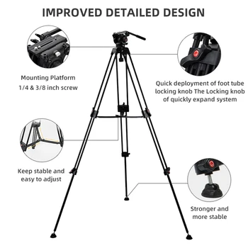 Aluminum Alloy Panoramic Fluid Damping Head Professional Dslr Camera Video Tripod detail image