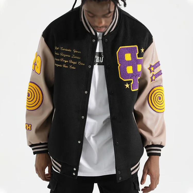 High Quality Alphabet Crucifix Leather Sleeve Baseball Patchwork Chenille Embroidery Varsity Jackets For Men_voghion.com