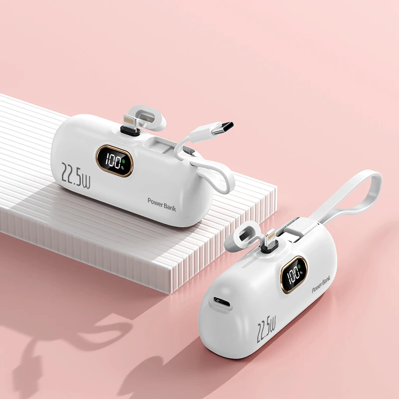 2 in 1 Mini Capsule Power Bank 5000mah10W 22.5W LED Display Built-in Cables Emergency Battery Portable Charger with Hanging Rope
