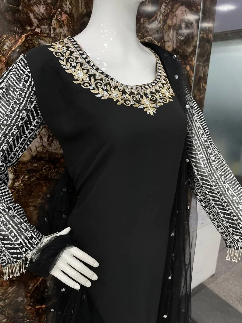 Latest Designer Collection Chine Sequence Black Ethnic Style Kurti With Pant and Dupatta Set Georgette Work Suit Fully Stitched