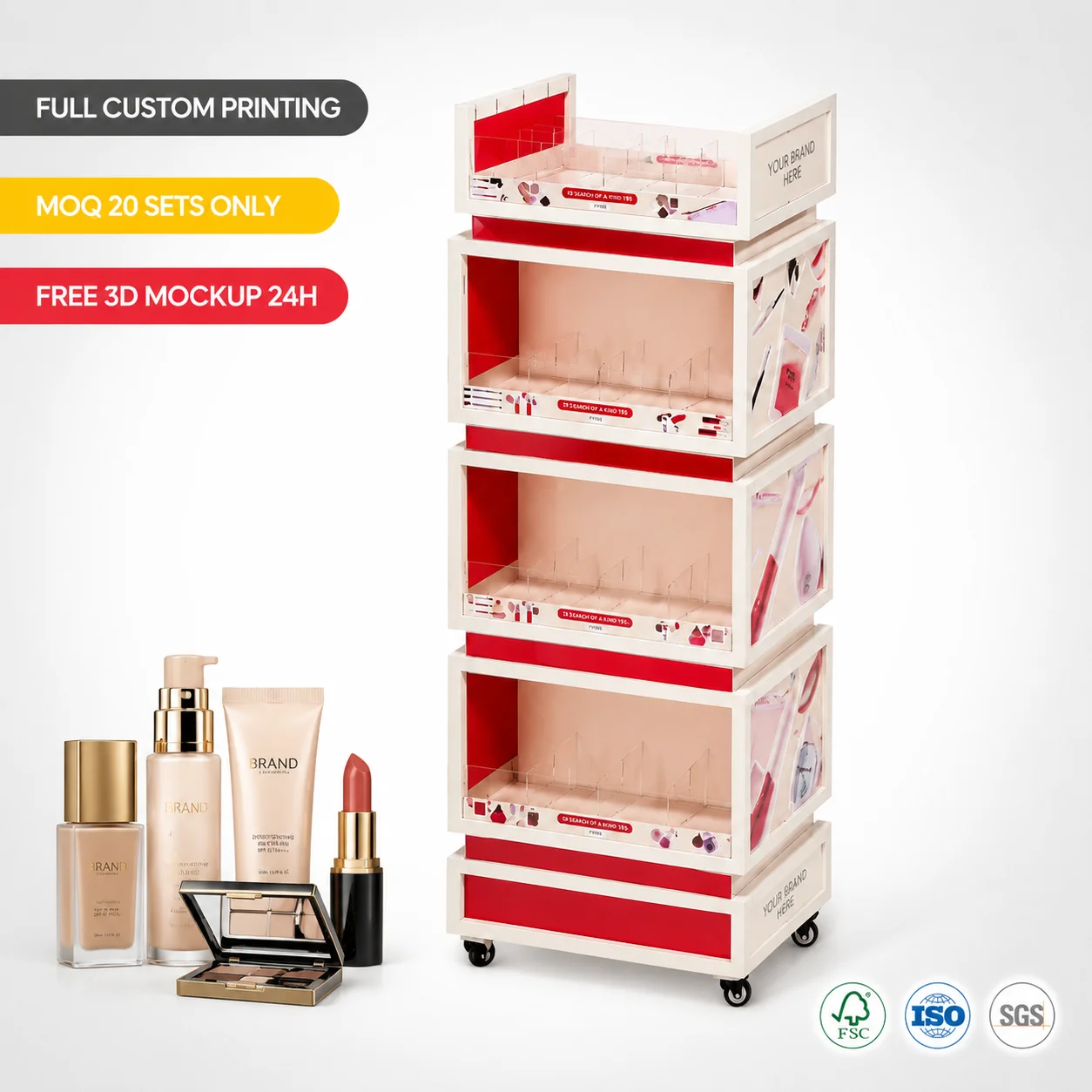 Wholesale Luxury Acrylic Cosmetic Display Stand Floor Stand Skincare Rack Professional Salon K-Beauty Mobile Merchandiser Tower