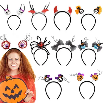 Halloween Headband Head Boppers with Pumpkin Demon Skull Ghost Spider Web Witch Hat Headband for Party Favors Decorations