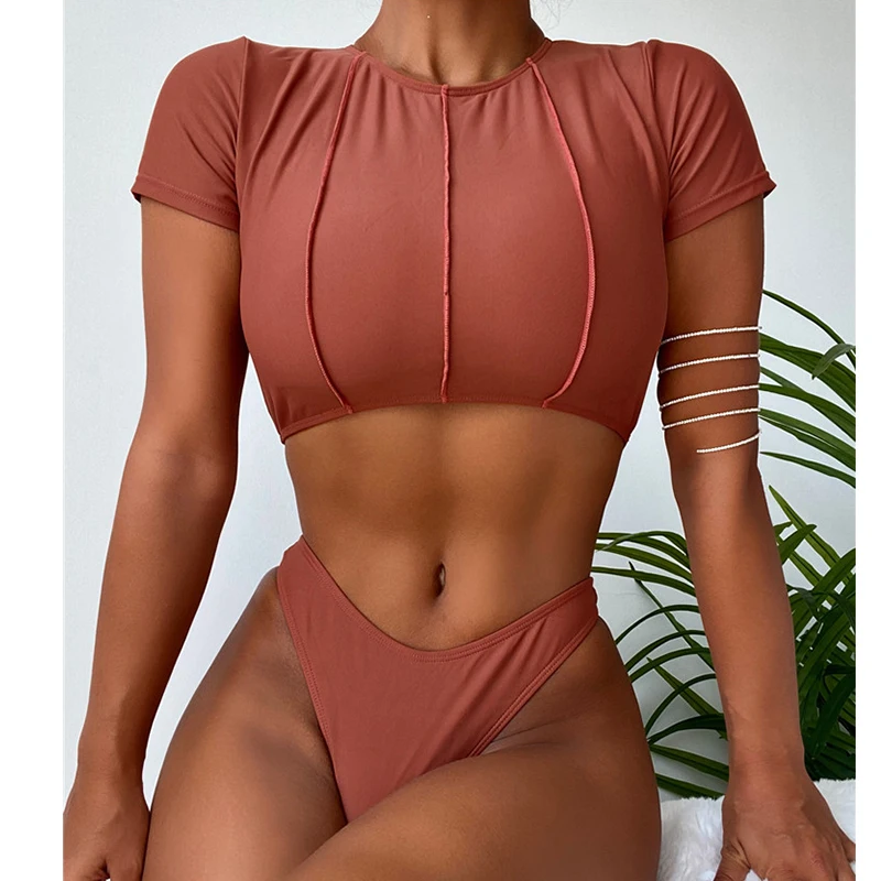 2022 Short Sleeve Shirt Top Swimwear High Cut 2 Pieces Set Women Swimsuit Buy Swimsuit,2piece