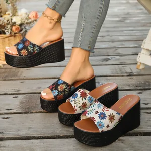 QuiteS 2026 Women's Elegant Casual Floral Design Sunflower Fabric One-Strap Large Size Thick-Soled Wedge Platform Outdoor