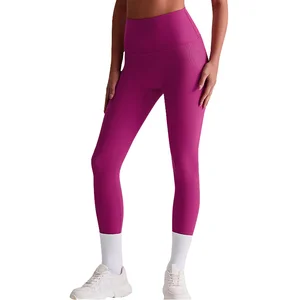 Women's High Waist Elastic Four-Way Stretch Front Seamless Solid Ribbed Spandex/Nylon Running Leggings 1 Piece for Gym Fitness