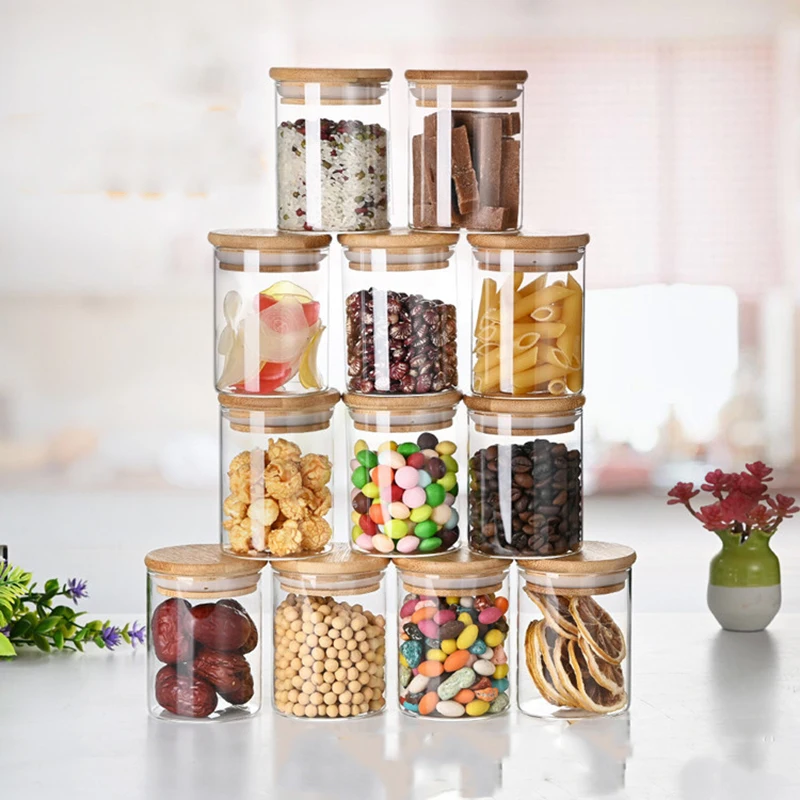 Wholesale Bamboo Lid 12 Piece Glass Jars Pearl Cotton Set Spice Dried Fruit Storage Box Heat Resistant Storage Boxes