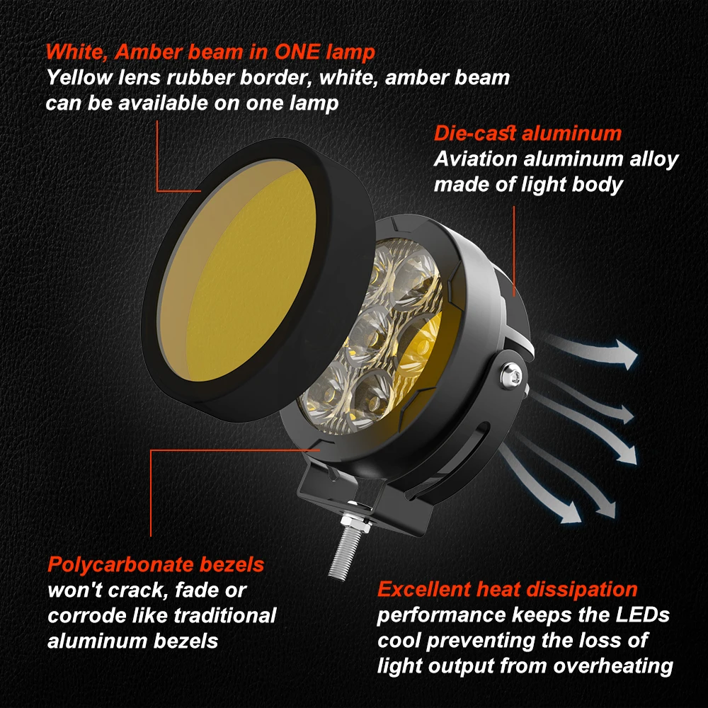Moto Biqing Kit Feux Additionnels Moto LED,60W Feux De Route à LED Rond 12V/24V Phares De Moto Projecteur Avant Brouillard Supplémentaires Interrupteur Lentille De Couverture 4 Couleurs Phare Led