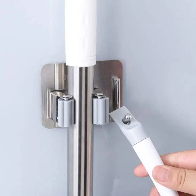 CUSTOM OEM Double Clip Mop Holder Wall Mount Space-Saving Stainless Steel Mop and Broom Holder with Hook Silver