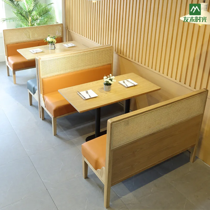 Nordic Rattan Leather Restaurant Booth Seating High Back Customized Commercial Cafe Dining Chair Sofa Bench
