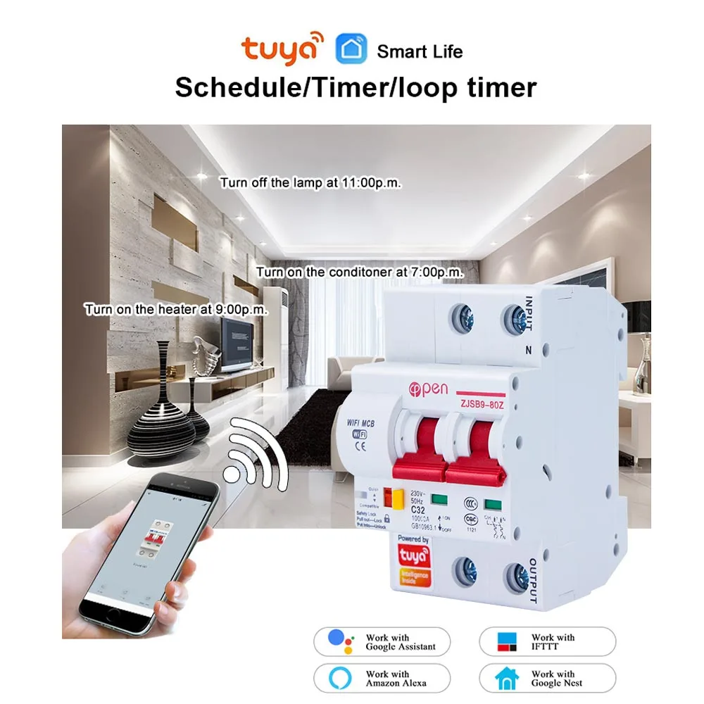 Tuya Smart Life Smart Wifi 2P Single Phase  Remote Control Din Rail Modular Miniature Mcb Circuit Breaker
