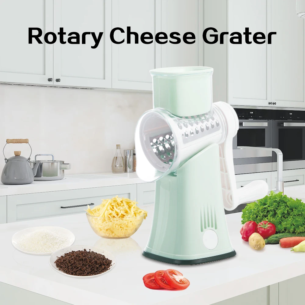 Cheese Grater with Handle, Kitchen Manual Cheese Shredder with 3  Interchangeable Blades, Rotary Cheese Grater Handheld with Strong Suction  Base