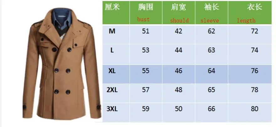 Men's winter warm lapel trench coat, double-breasted woolen jacket, windproof trench coat for men, stylish outerwear for cold weather Size Chart