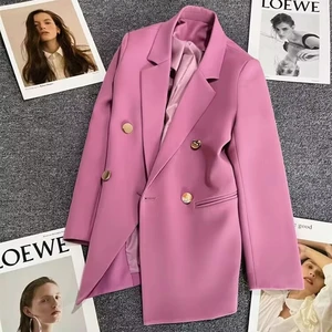 Women's High-End Double-Breasted Coat For Spring And Fall Solid Pattern Woven Suit With Popular Temperament