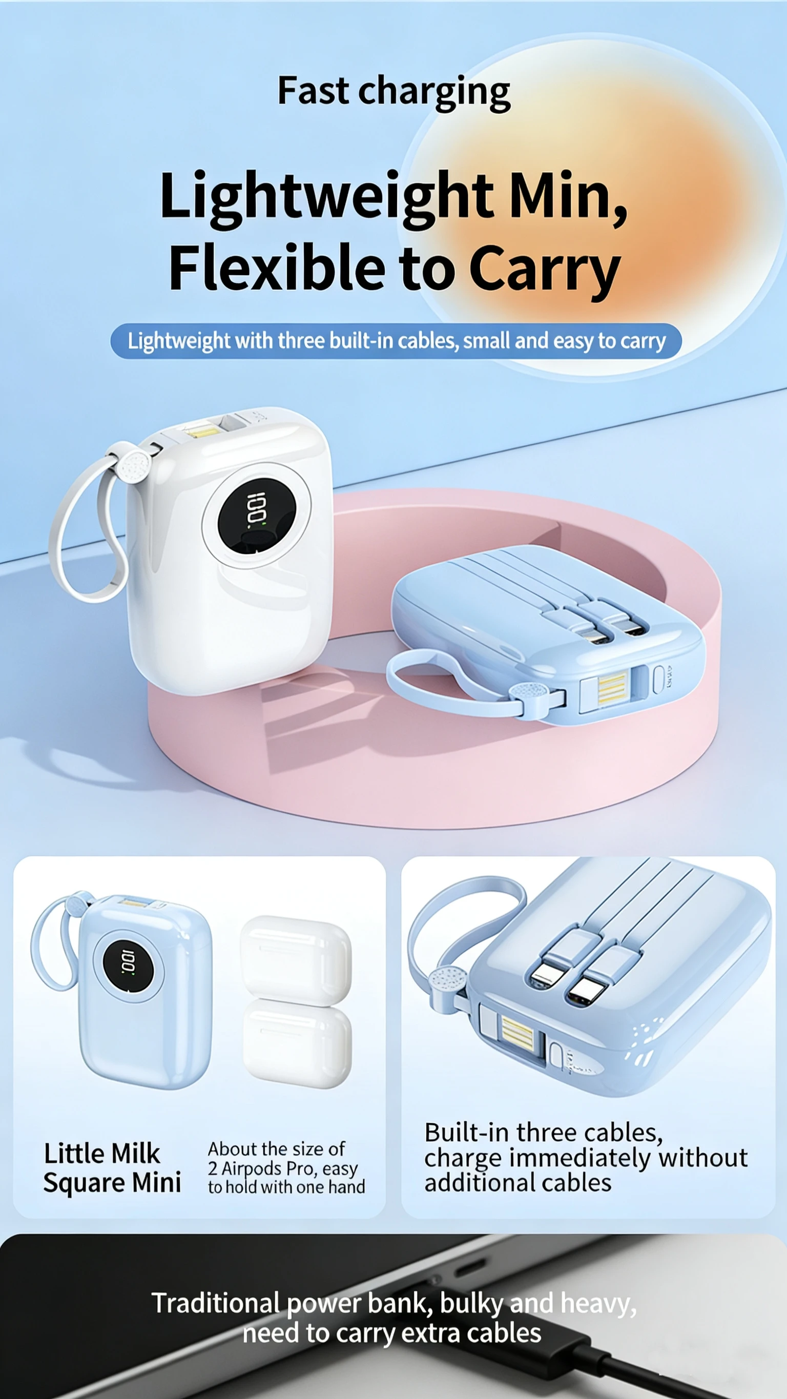 NINER9 Mini Built-in Cable Power Bank Super Fast Charging Mobile Power Supply Type-C/USB Interfaces Custom Logo for Promotional preview 4