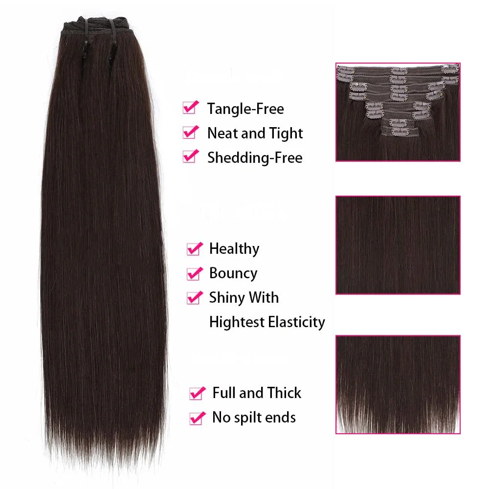 Clip In Hair Extensions Dark Brown Real Human Hair Brazilian Virgin 8Pcs Remy Hair For Women_voghion.com