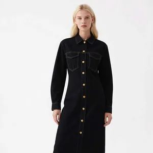 Women's 2026 Spring Collection New Casual Long-Sleeved Midi Dress Pocket Decoration Natural Straight Skirt Versatile