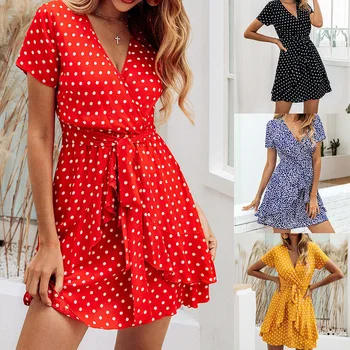 Women's Summer Casual Midi Dresses Fashionable V-Neck Ruffle Zipper Lace Wave Point Print Popular Cotton Woven Fabric Order Your