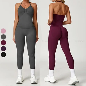 Custom High-quality Two Piece Yoga Wear Leggings Athletic Set Women Fitness Workout Fashion Nylon Seamless Activewear Yoga Set
