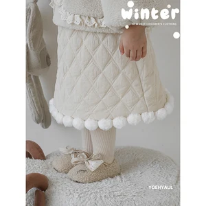 Autumn Winter Cute Pom-Pom Puffy A-line Skirt for Children Sweet Double-Layer Quilted Cotton Rhombus Plaid Skirt