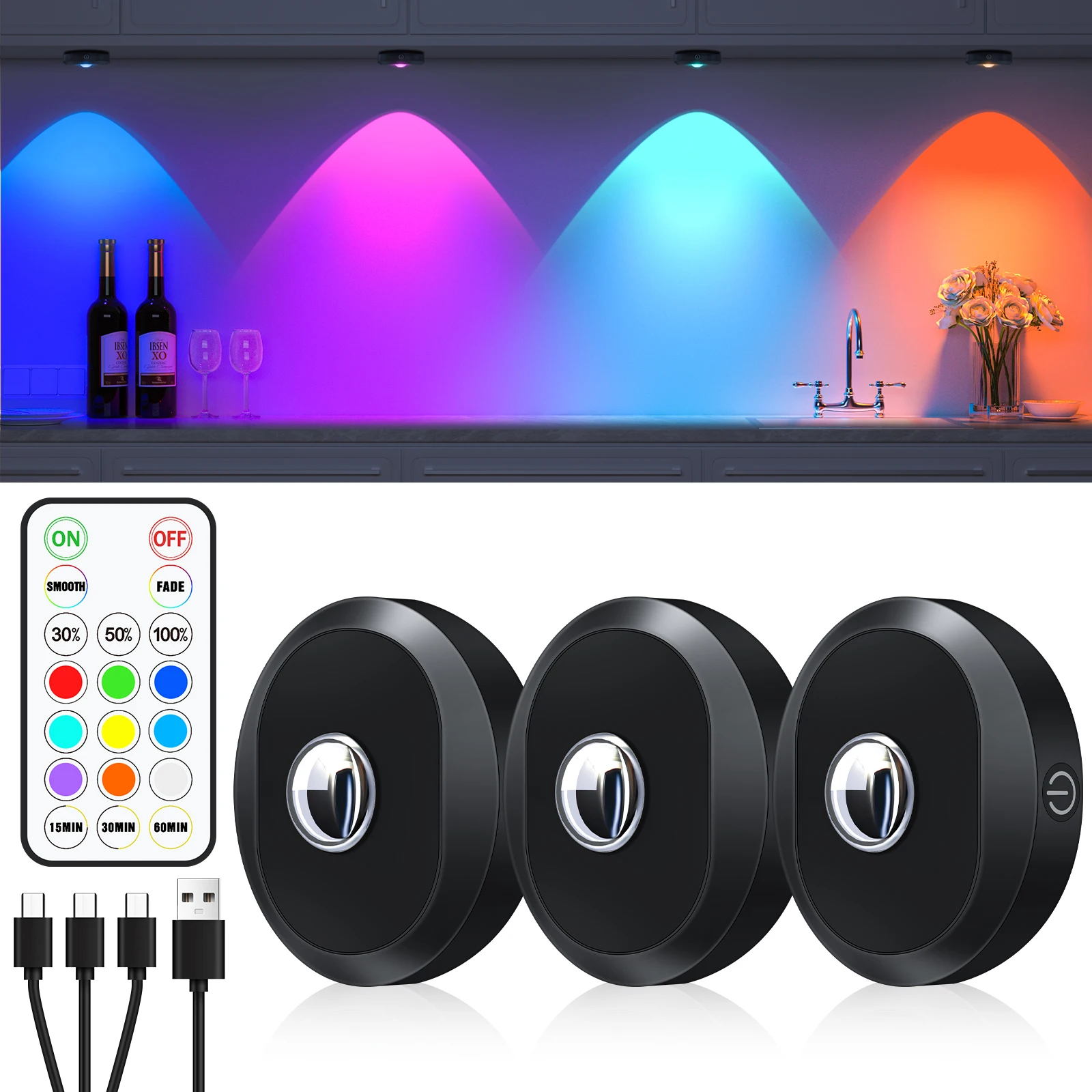 Rechargeable RGB LED Puck Lens Light with Touch and Remote Control Brightness Dimmable LED with 1000mAh Large Battery Lamp