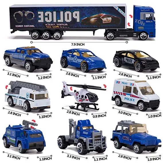 10 in 1 Police Transport Truck Mini Die-Cast Plastic Play Vehicle in Carrier Car Toy Set Mini Cars for Kid Children Boy