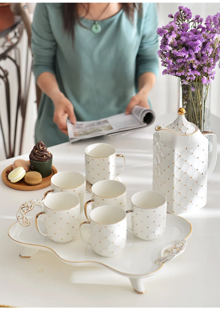 2021 New Luxury Gold Rim 8pcs Porcelain Coffee Tea Sets With Gold Decor