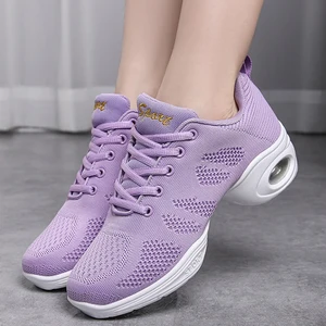 Women Mesh Jazz Shoes Pu Soft-Soled Aerobics Shoes Low Heels Comfortable