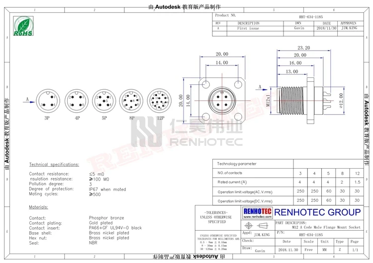 Flange Mount M12 Connector Panel Receptacles a Coded 4 Pin Straight Female  4 Hole Flang