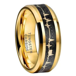 Coolstyle Jewelry 8mm Gold Tungsten Ring for Men Women Engagement Wedding Band Heartbeat Black Carbon Fiber Inlay Beveled Edges