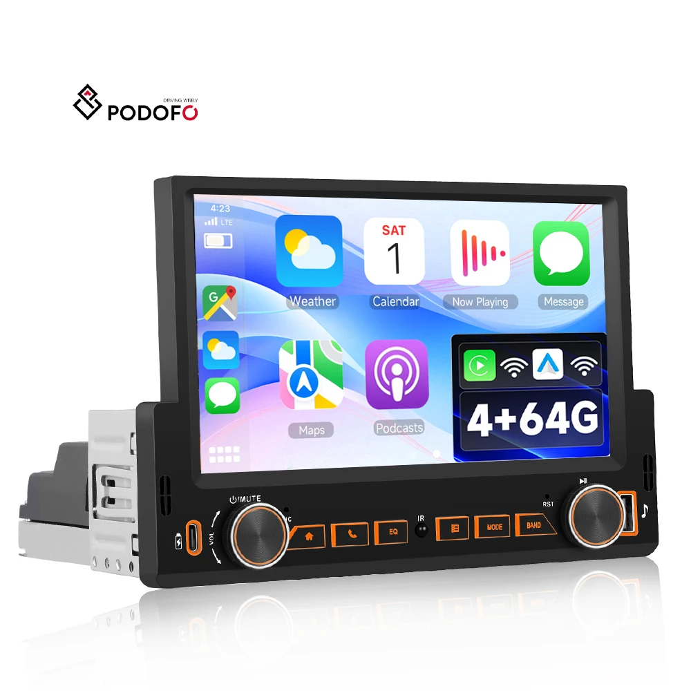 Podofo, 1 Din, radio samochodowe z systemem Android, 7 cali, 4+64 GB, ekran HD 1080P typu In-Cell, bezprzewodowe CarPlay/Android Auto, WiFi, GPS, sprzedaż hurtowa, model A4471
