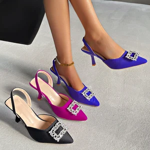 Hot Sale New Design Wholesale Plus Size Elegant Rhinestone High Heel Pointed Toe Thin Heeled Women Sandals Lady Heels