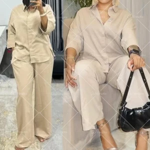 GX18120 Fashion Spring Autumn Lady Plus Size Street Wear Women Linen Outfit Long Sleeve Shirt and Wide Leg Pant 2 Piece Set