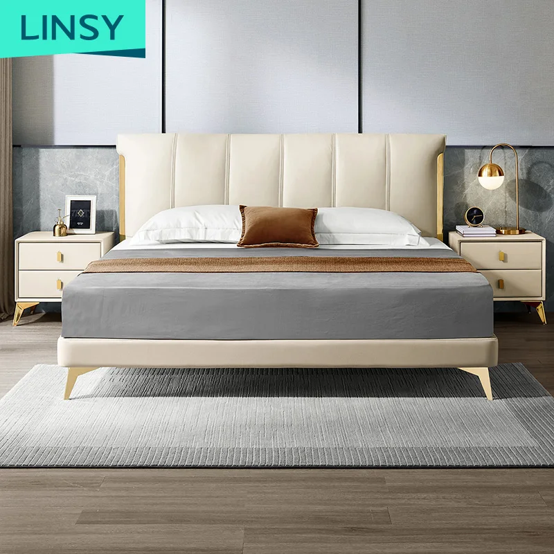 Linsy роскошный комплект мебели для спальни белые кровати большого размера из натуральной кожи