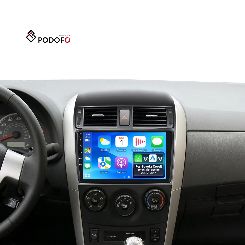 Podofo for Toyota Corolla med luftutslipp 2009–2013, 9-tommers, 2-DIN Android-bilradio, 4+64 GB, trådløs CarPlay/Android Auto, OEM/ODM A8492A3662/A8492