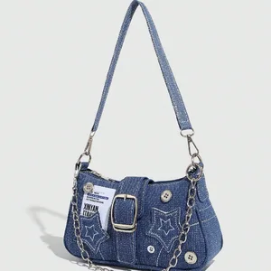 A-180 Vintage Lady Fashion Zip Closure Star Denim Shoulder Underarm Bag New Hot Girl Biker Style High-End Large Capacity Women