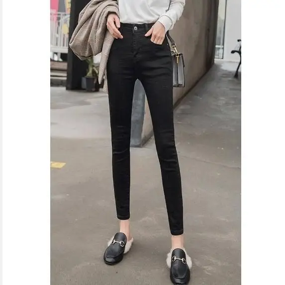 Autumn Winter High Waist Denim Pencil Pants Women Fleece Lined Thickened Stretchy Skinny Fit Quick Dry Outer Wear Warm