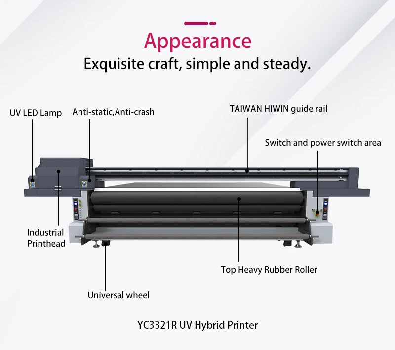 Flatbed and Roll to Roll and flatbed printer YC3321R Hot sale 3D Hybrid UV printer