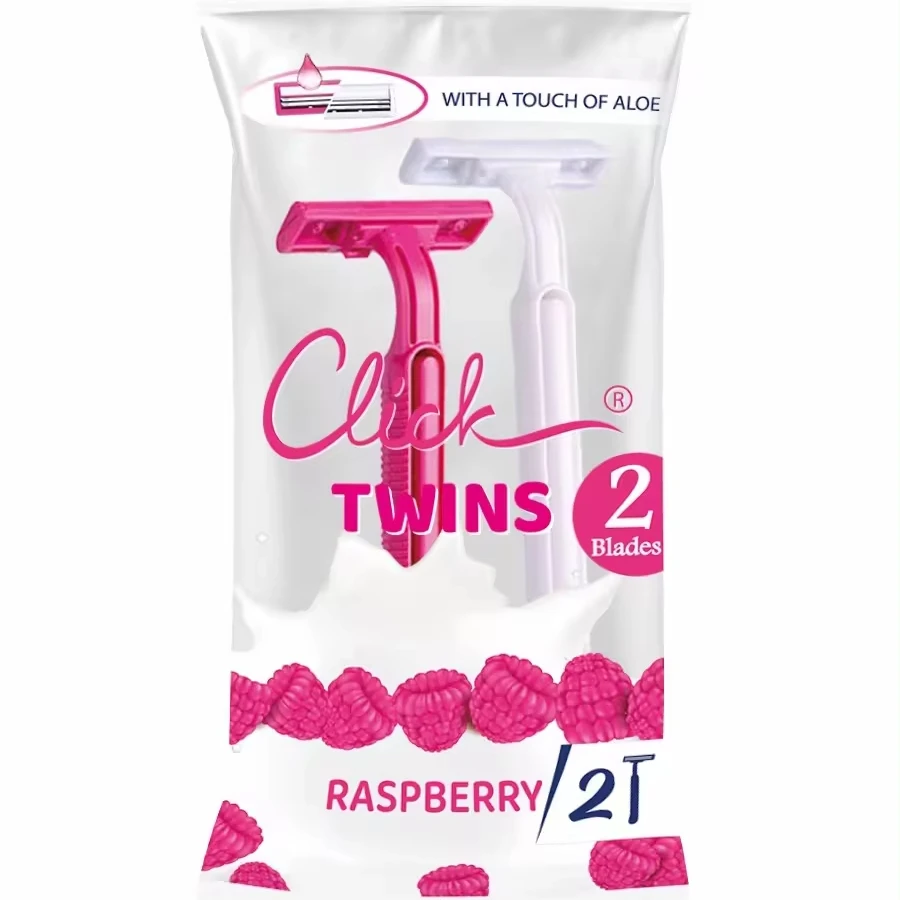 High Quality Disposable Twin Blade Razor for Ladies Click Twins Raspberry Plastic Handle Direct Factory Warehouse Supply for