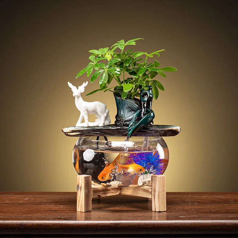 Creative Glass Fish Tank Living Room Desktop Circulation Flowing Ornaments Mini Waterfall Water Fountain With Light