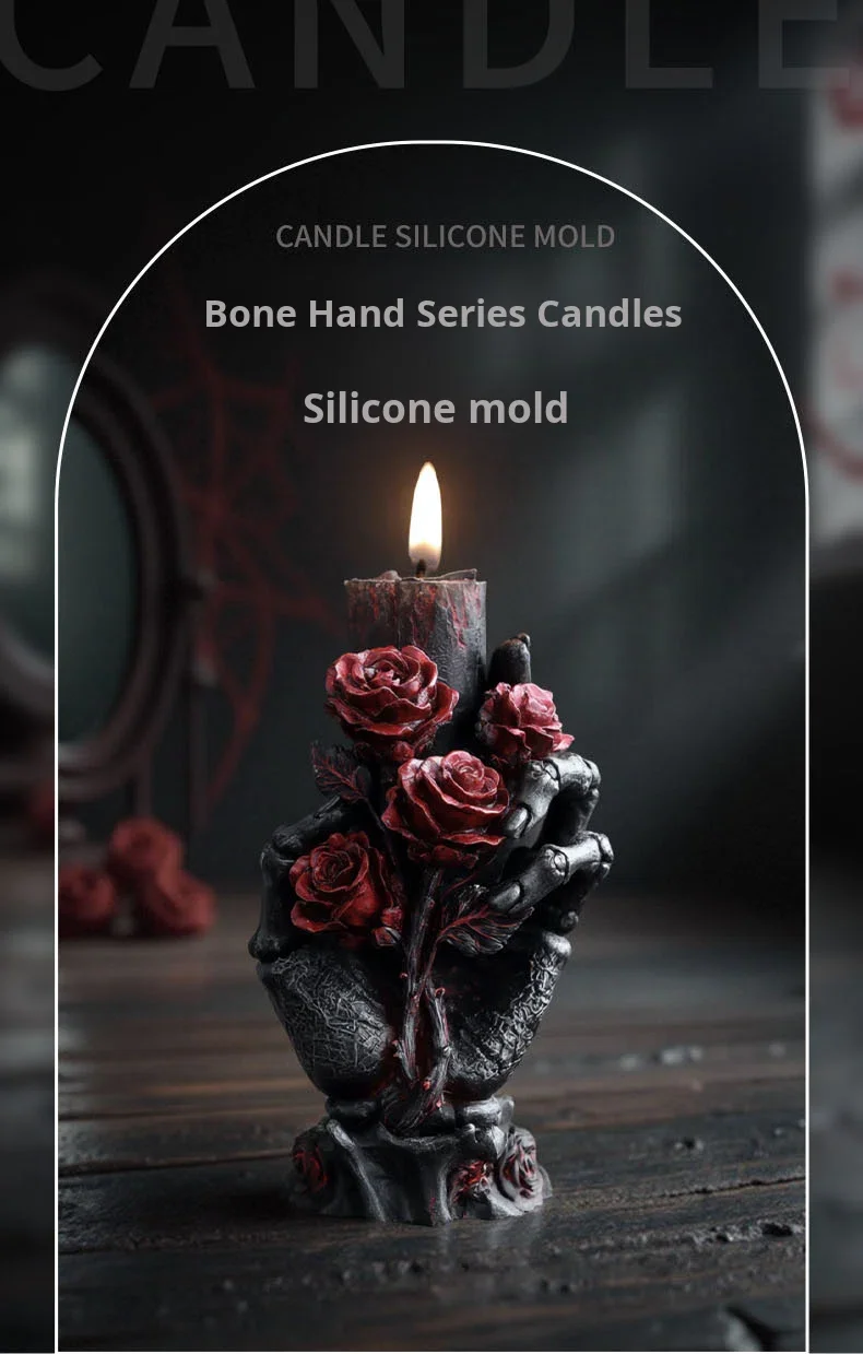 Bone Hand Series Eco-friendly Rose Scented Soy Wax Candle Mold DIY Halloween Skull & Flower Design supplier