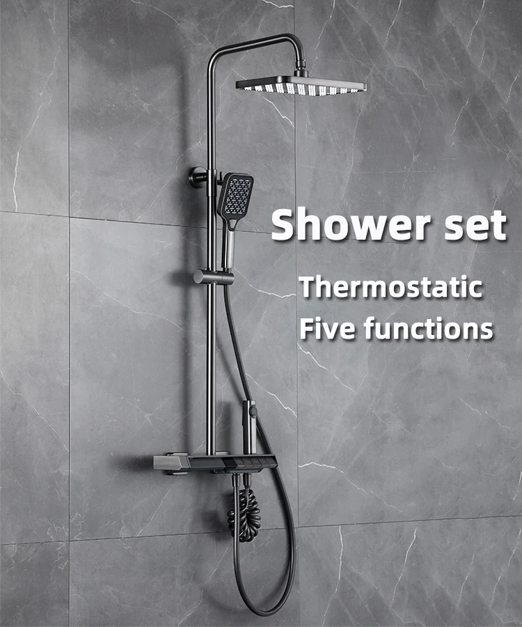 Highend Brass Gun Gray Shower Set Wall Mounted Temperature Display