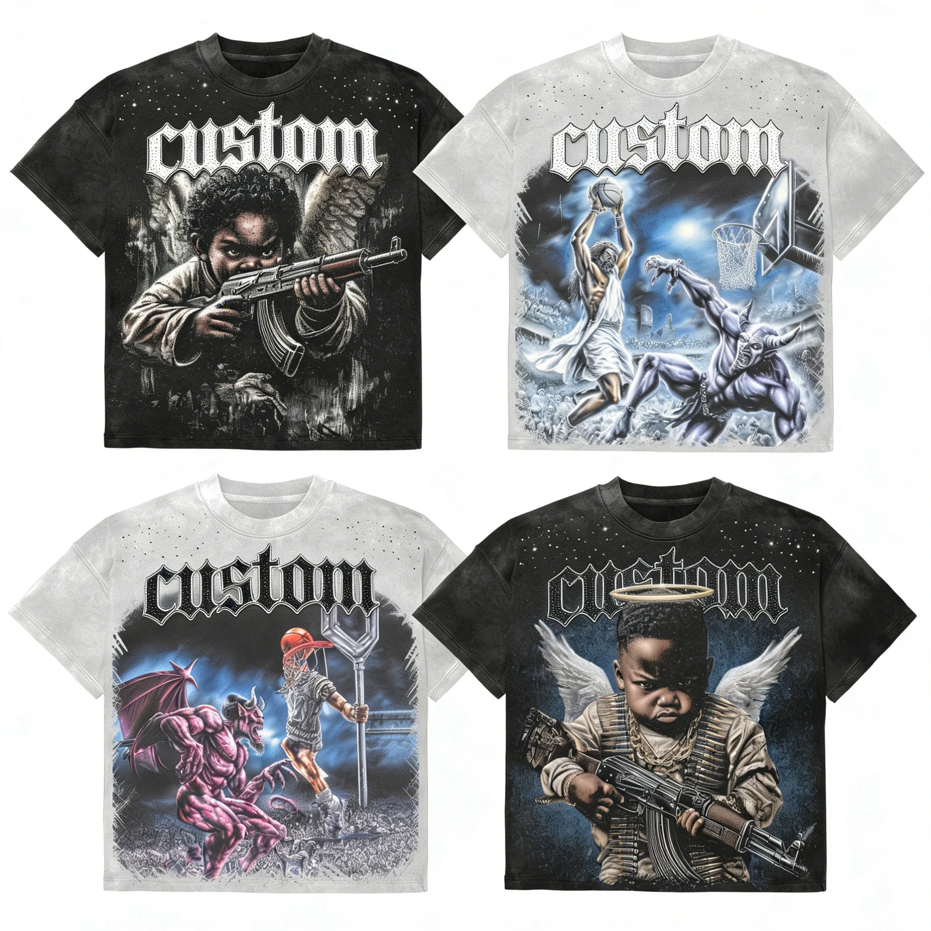 Custom Streetwear  Heavyweight 300gsm Printed Graphic Dtg Oversized Vintage Acid Wash Mens Rhinestone t Shirt Unisex T-Shirt