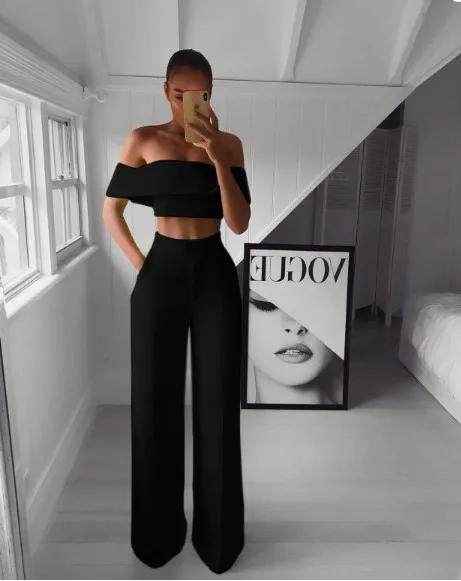 Shop Our Summer off Shoulder Crop Top Wide Leg Pants Set