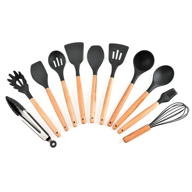 Silicone Cooking Utensils Set Heat Resistant Silicone Kitchen Utensils for Cooking,Kitchen Utensil Spatula Set w Wooden Handles