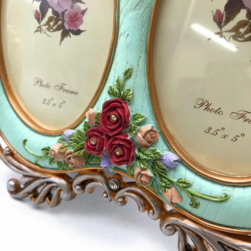 product custom antique vintage style resin funny double lattice oval picture frame european cute carving rose with tassel photo frame-1