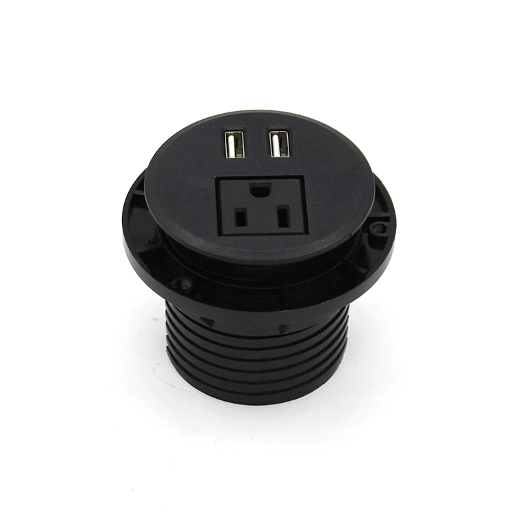 US Round Shape Power Single Outlet Socket With 2 USB Charging Port Black Color With 10ft Cord One 1 Outlets
